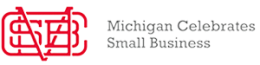 A red and white logo for michigan celebrates small business