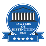 A logo for lawyers of distinction 2021 with a blue ribbon.